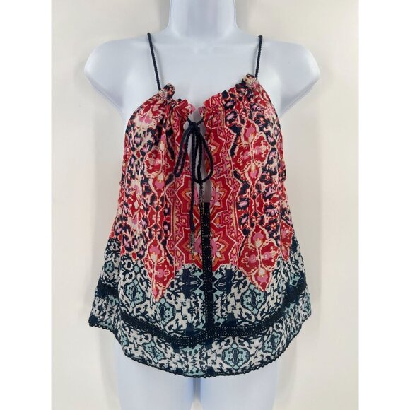 Gypsy XS Halter Top Red Blue Medallion Print Tie-Front Boho Festival Cami - Picture 10 of 10